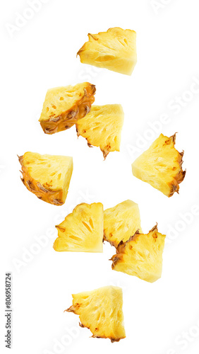 Foto Falling pineapple slice isolated on white background, full depth of field