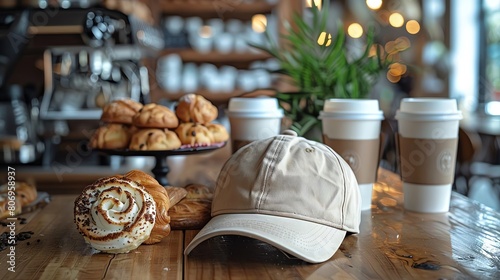 mock up cap placed on a cafe counter with pastries and coffee cups in the background, representing a cozy cafe scene photo