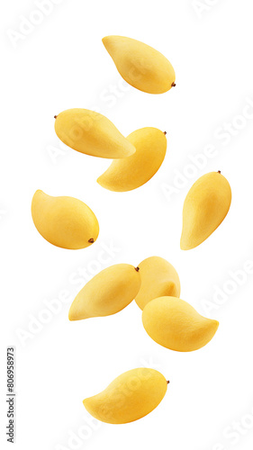 Falling yellow mango isolated on white background, full depth of field
