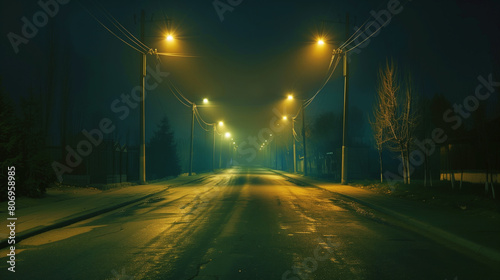 A moody, foggy street scene at night illuminated by streetlights casting a warm glow.