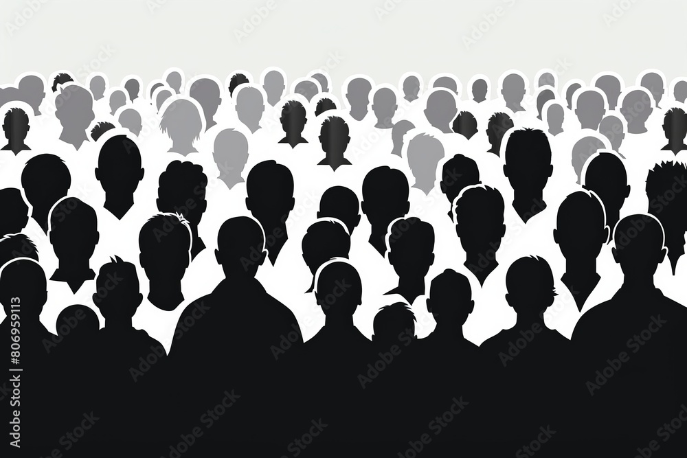 A diverse crowd of people stand shoulder to shoulder in front of a stark white wall, creating a striking contrast in this urban setting. A diverse crowd of people stand shoulder to shoulder in front of a stark white wall, creating a striking contrast in this urban setting.