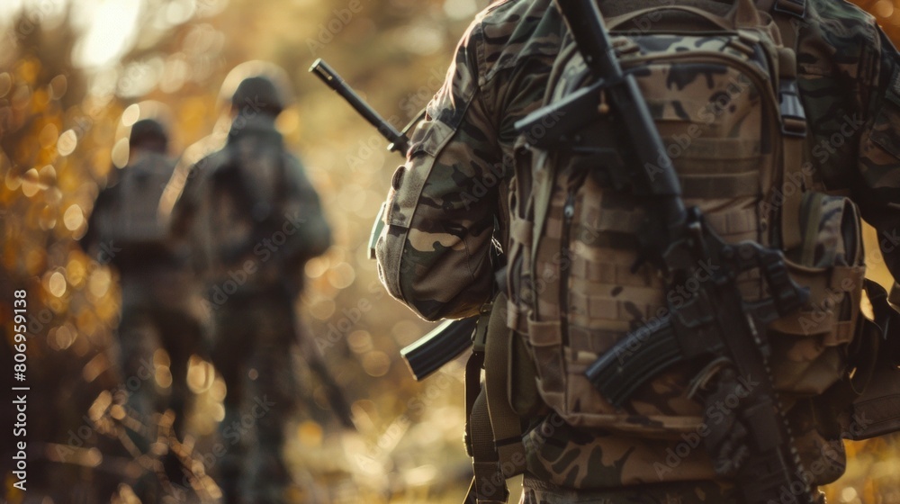 A man in camouflage gear is carrying a backpack and a rifle A man in camouflage gear is carrying a backpack and a rifle
