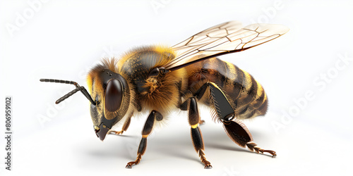 A bee with a white background and a black stripe on its chest and big eyes.