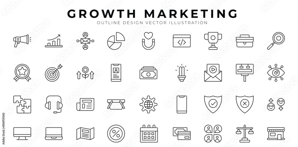 Growth And Marketing icon pack for your website design, logo, app, UI. Growth And Marketing icon outline design. Vector graphics illustration and editable stroke.