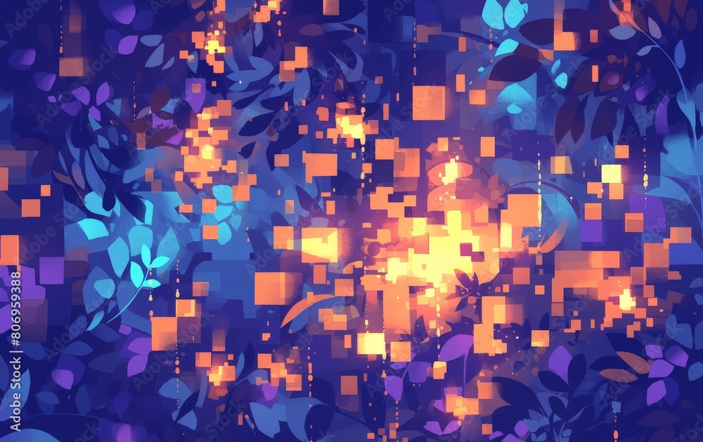 Obraz premium Blue and orange abstract digital mosaic with florals. Geometric pattern. Banner, poster, background