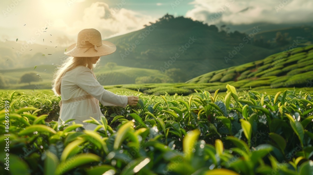 A Woman Harvesting Tea Leaves