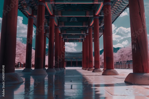 A tranquil walkway lined by vibrant cherry trees leads to a traditional South Korean temple.