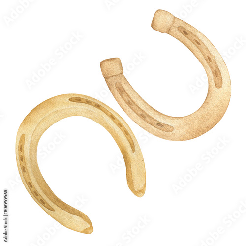 Watercolor illustration of golden horseshoes for horse set. Isolated, equipment for horse riding. Isolated. For cards, prints, decor