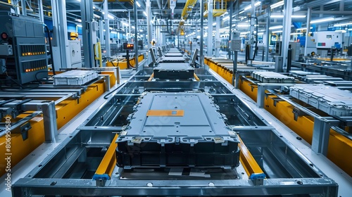 efficient mass production assembly line of electric car battery cells in a busy factory industrial photography photo