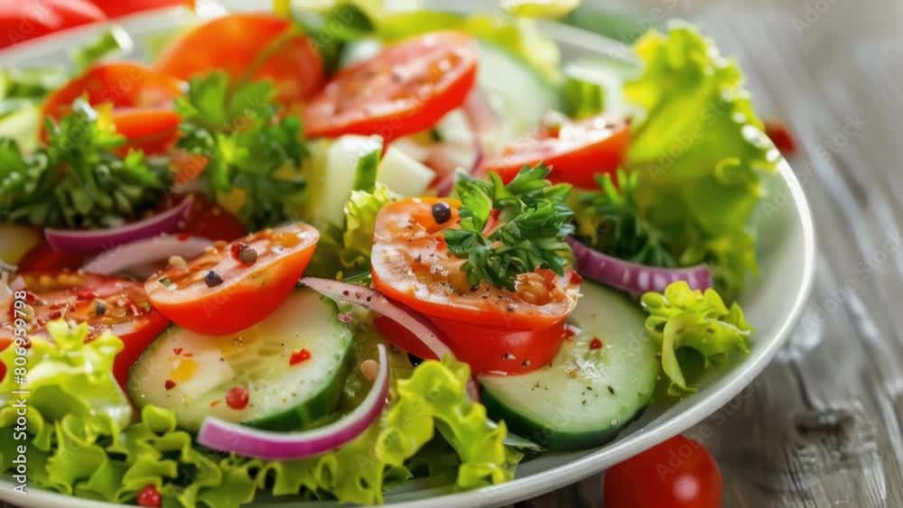 A salad with tomatoes, cucumbers, and lettuce on a wooden table. The salad is colorful and fresh, with a variety of textures and flavors. The presentation is simple yet elegant A salad with tomatoes, cucumbers, and lettuce on a wooden table. The salad is colorful and fresh, with a variety of textures and flavors. The presentation is simple yet elegant