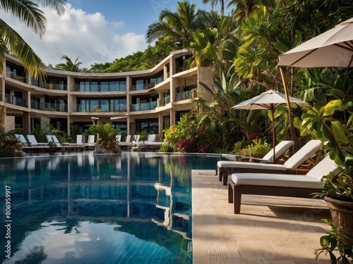 Discover the epitome of elegance  with a beachfront resort s swimming pool enveloped by tropical foliage  evoking a sense of opulence and natural beauty.