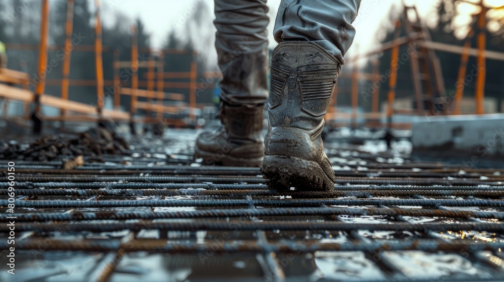 Close up of worker walking on metal platform at construction site. Engineer banner Close up of worker walking on metal platform at construction site. Engineer banner