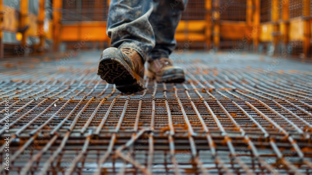 Close up of worker walking on metal platform at construction site. Engineer banner Close up of worker walking on metal platform at construction site. Engineer banner