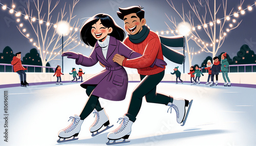 A couple ice skating together at a skating rink. In cartoon form.