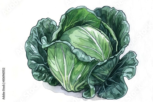 Cabbage watercolor skeet on white background. Generative AI