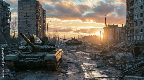 A war zone with tanks and rubble photo