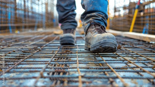 Close up of worker walking on metal platform at construction site. Engineer banner