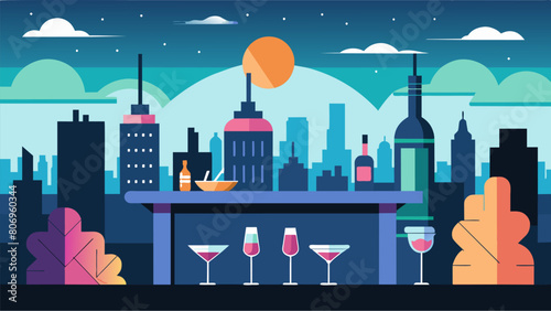 The rooftop bar offers breathtaking views of the city skyline as well as delicious tails made from sustainably sourced ingredients.. Vector illustration