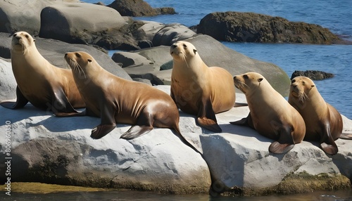 A group of sea lions basking on the rocks in the w
