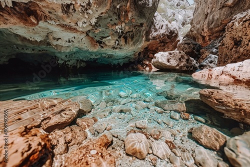 A tranquil body of water nestled within the depths of a mysterious cave  illuminated by soft  filtered light from above.