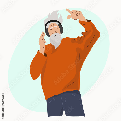 An elderly man with an informal appearance listens and enjoys music in headphones. Happy old age concept. People of retirement age and gadgets