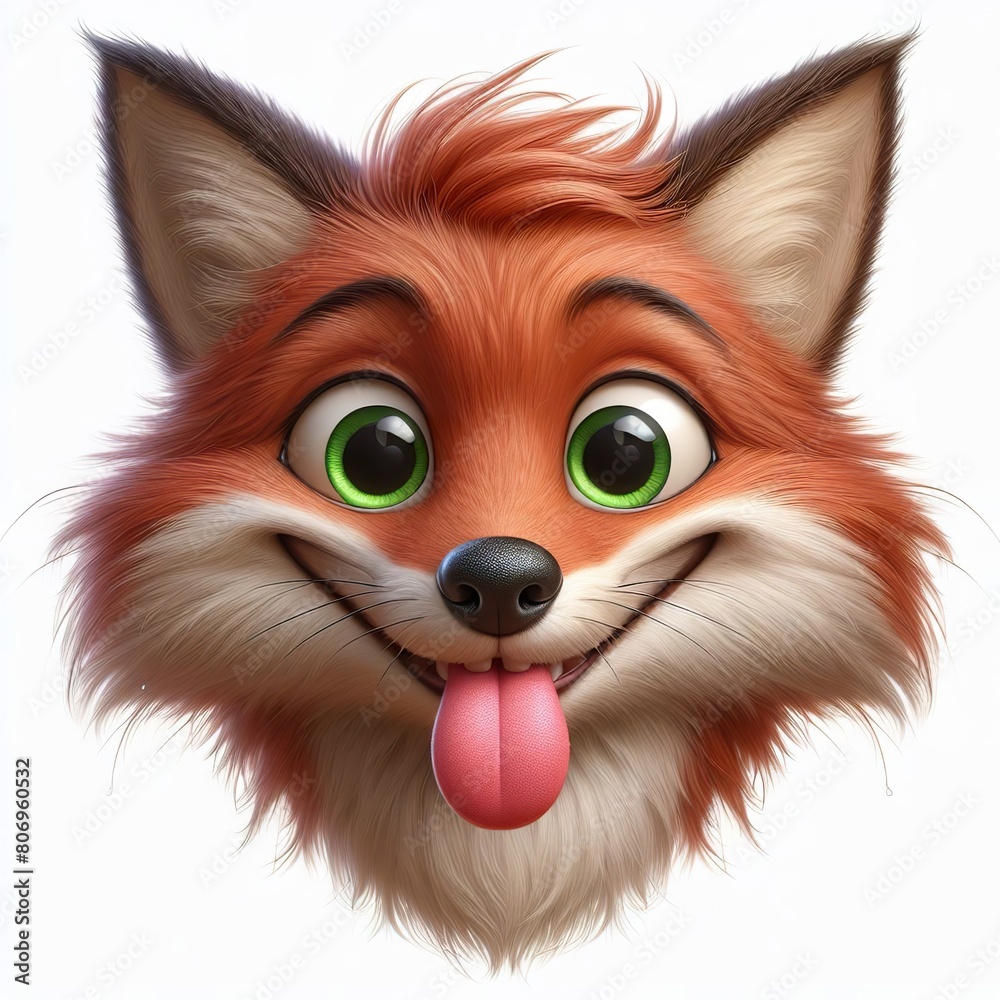 a photorealistic whimsical cartoon Fox with a mischievous grin. The Fox has green eyes and long fur