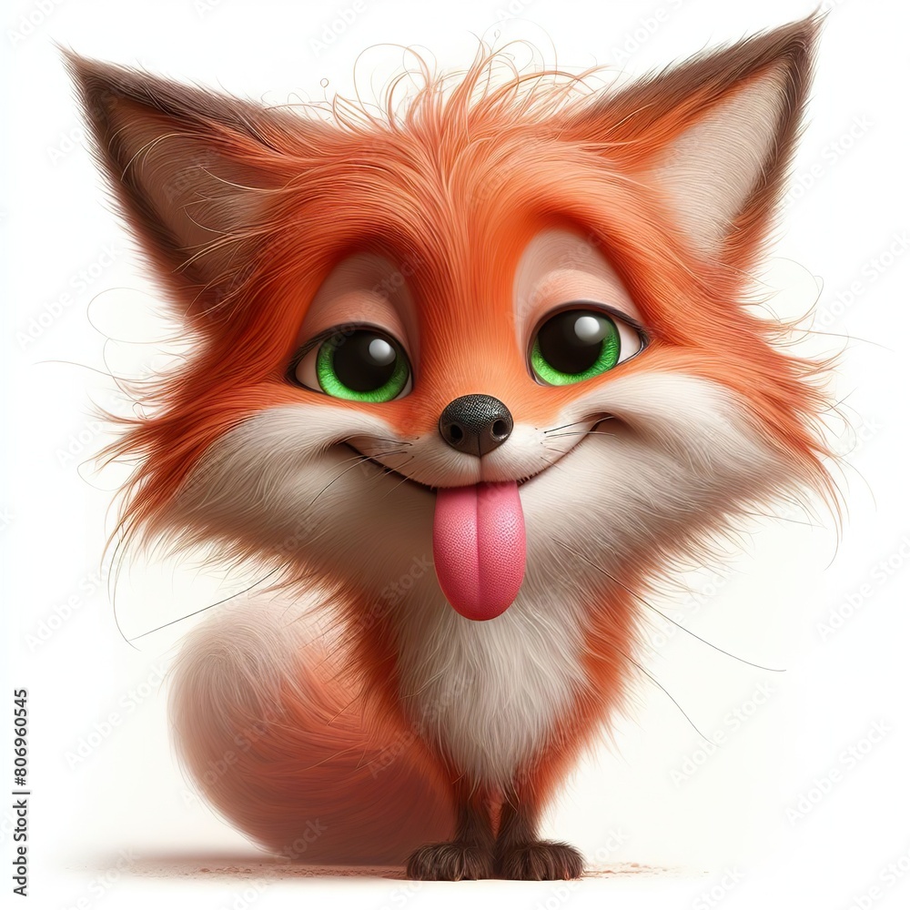 a photorealistic whimsical cartoon Fox with a mischievous grin. The Fox has green eyes and long fur