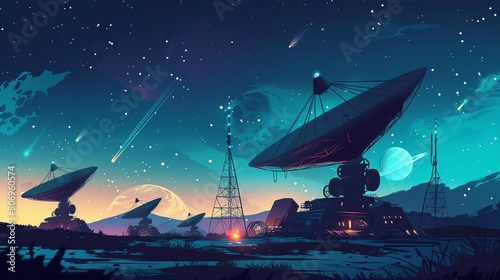 futuristic interplanetary communication systems with satellite dishes and antennas scifi concept illustration photo