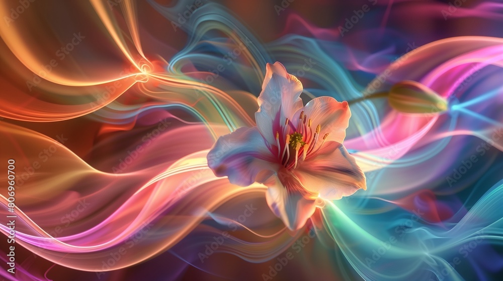 Flower against multicolored light waves, capturing a moment of natural grace. Flower against multicolored light waves, capturing a moment of natural grace.