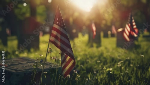 A few American flags are in a cemetery. The flags are in the grass and are in the sun photo