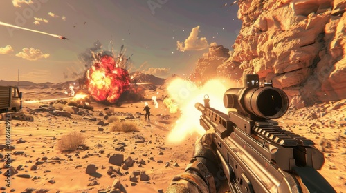 A video game is being played in a desert with a man holding a gun