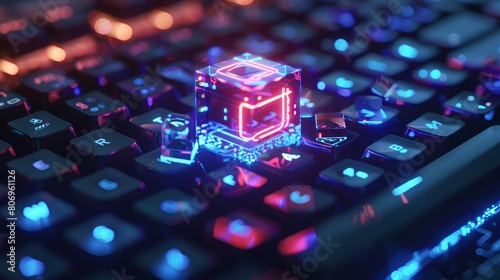Glowing notification icon on a small cube atop a futuristic blue-lit keyboard photo