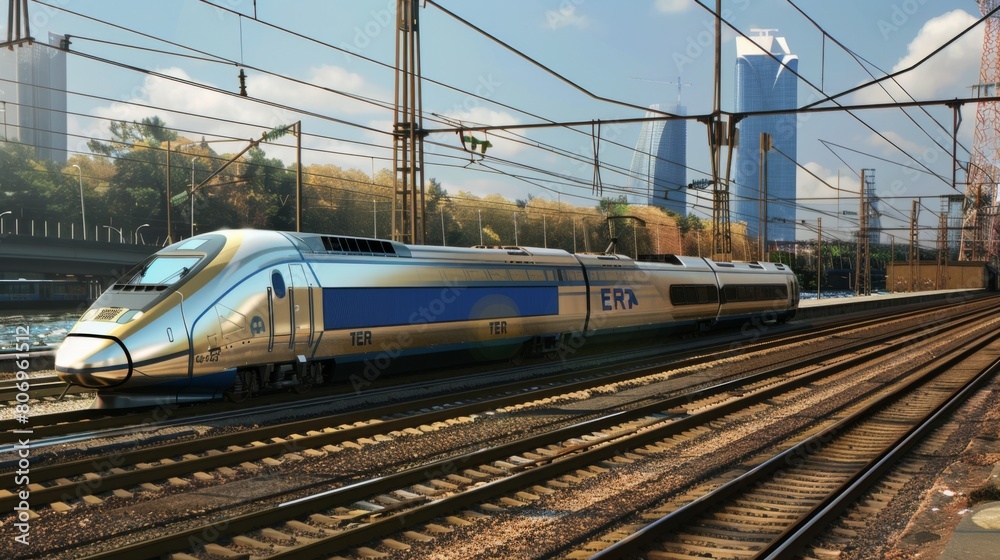 a futuristic intercity train on a rail in an empty environment.