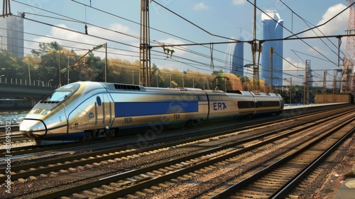 a futuristic intercity train on a rail in an empty environment.