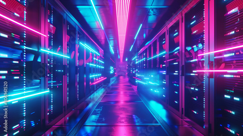 A futuristic server room with vibrant neon lights and a sleek, advanced design.