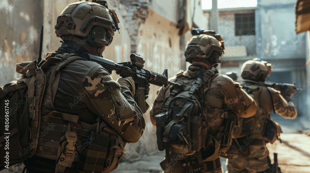 Three soldiers are in a war zone, with one of them holding a rifle Three soldiers are in a war zone, with one of them holding a rifle