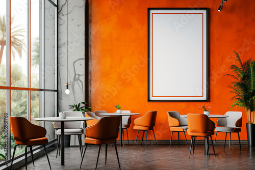 A stylish dining room with a lively orange wall  white ceiling  large windows and a large blank poster. The modern d  cor features orange chairs  white tables  and elegant hanging lights