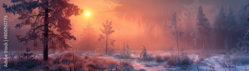 Soft, pink, and orange hues from a breathtaking winter sunset envelop a snowy pine forest, heightening the tranquil beauty of the landscape.