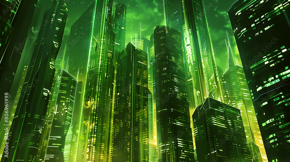 Futuristic cityscape with towering skyscrapers illuminated by green neon lights under a dark sky.