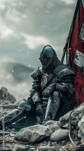 A knight in full armor is sitting on a rock photo