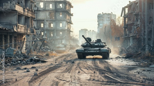 A tank is driving down a road in a city that has been destroyed photo