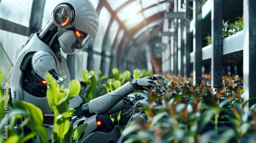 An advanced robot with a detailed human-like hand tenderly caring for green plants in a modern greenhouse with glass architecture. photo