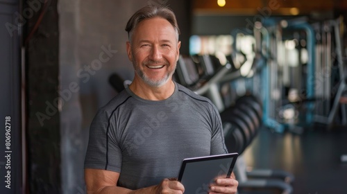 Smiling Man with Tablet at Gym