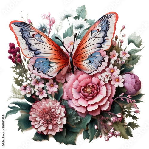 Cute beautiful butterfly, pastel colors, flowers, watercolor illustration