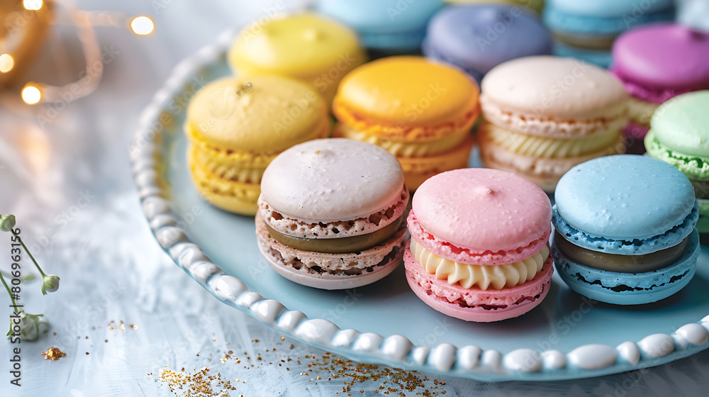 Colorful food photography,  sweet macarons, sweets table