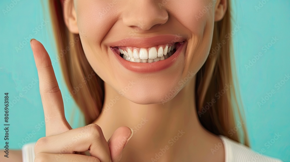Dental banner. close up Woman point finger to showing white teeth, pastel background. beautiful smile. Teeth whitening. Happy woman Dental banner. close up Woman point finger to showing white teeth, pastel background. beautiful smile. Teeth whitening. Happy woman