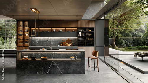 A modern and stylish kitchen with an island and open shelving  conducive to person photography 