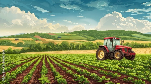 This sentence is under 200 characters and uses some of the words from the provided list, including tractor, field, agriculture, sky, green, countryside, nature, spring, wheat