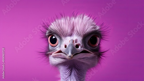 A majestic ostrich  with its vivid plumage and curious gaze  stands elegantly against a vibrant purple background