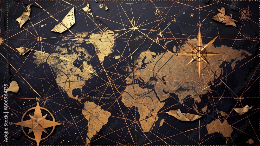 Elegantly styled art deco map, with geometric designs and gold embellishments marking the path to treasures and significant sites. Elegantly styled art deco map, with geometric designs and gold embellishments marking the path to treasures and significant sites.